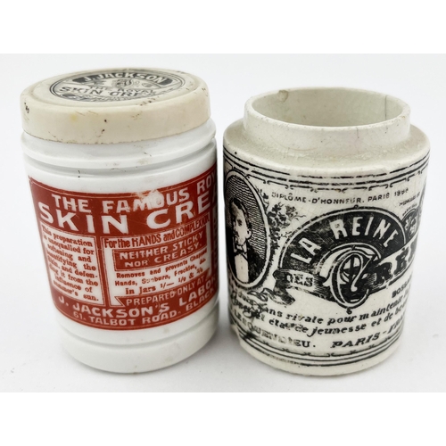 655 - OINTMENT POT DUO. Tallest 2.25ins. Inc. Paris- France & Blackpool. Damages. (2)