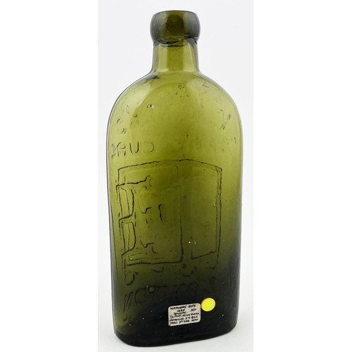 664 - WARNERS SAFE CURE LONDON. 7ins tall. Olive green glass, 1/2 pint, heavily embossed & safe motif to c... 