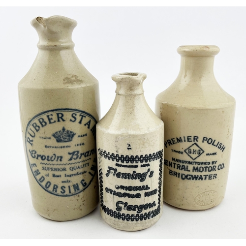 456 - STONEWARE INK/ POLISH BOTTLES TRIO. Tallest 7ins. Inc. Bridgwater, Glasgow & Crown Brand Rubber Stam... 