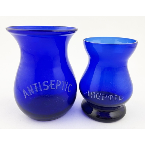 457 - ACID ETCHED INSTRUMENT STERILIZER JARS DUO. Tallest 5.25ins. Cobalt blue glass, etched ASEPTIC & ANT... 