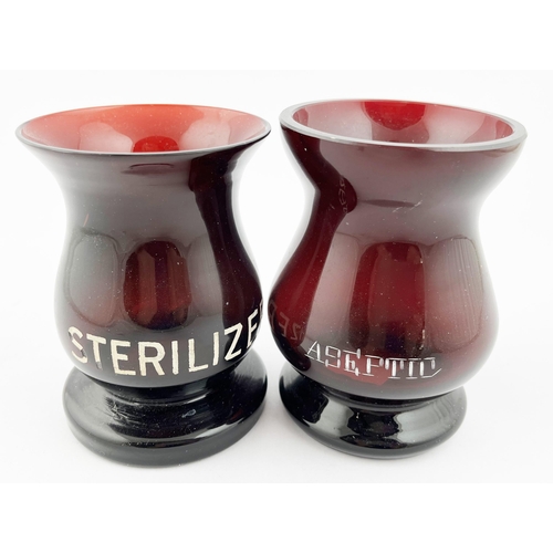 458 - ACID ETCHED INSTRUMENT STERILIZER JARS DUO. Tallest 4.75ins. Red glass, etched ASEPTIC & STERILISER.... 