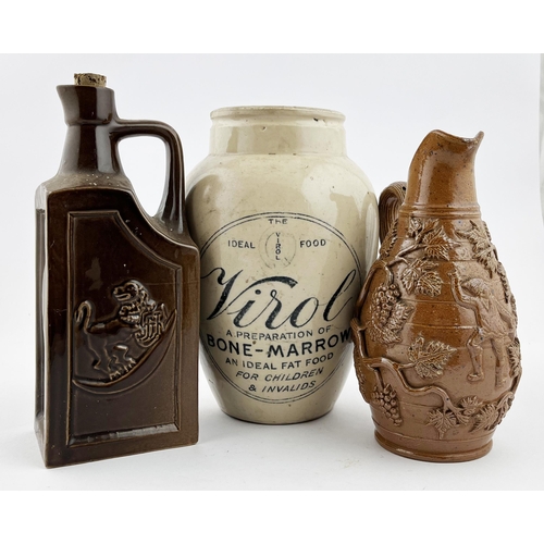 462 - STONEWARE TRIO. Tallest 9.5ins. Inc. Large Virol, handled flask with sprig to front plus salt glaze ... 