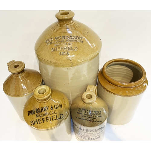 469 - SHEFFIELD & ROTHERHAM FLAGON GROUP. Tallest 19ins. Impressed & transferred plus some plain. Damages.... 