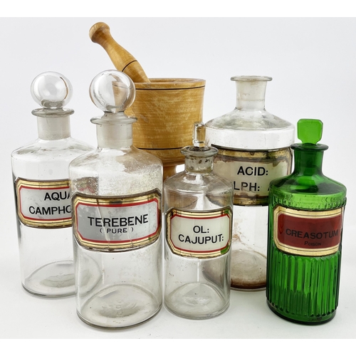 481 - MIXED PHARMACY GROUP. Tallest 8.5ins. Inc. Wooden Pestle & mortar, green glass ribbed jar, 4 clear w... 