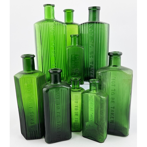 492 - POISON BOTTLE GROUP. Tallest 7ins. Rectangular bodied, embossed & ribbed, some hexagon. Minute damag... 