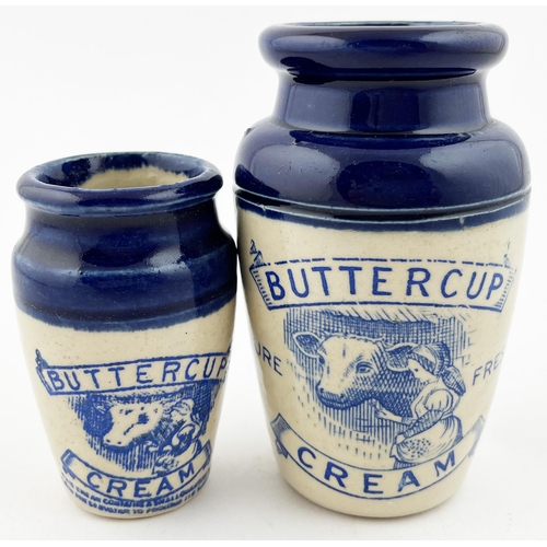 502 - BUTTERCUP CREAM POT DUO. Tallest 4.25ins. Blue top & transfer. Really good. (2)