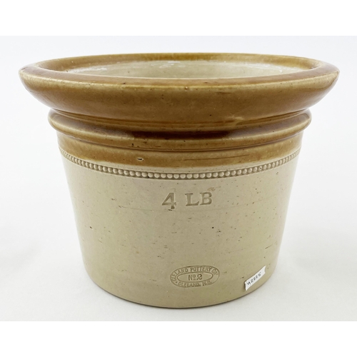 567 - BURNTISLAND BUTTER CROCK. 9ins tall. Impressed David Beatson, Kirkcaldy, side handles. Damages. Wron... 