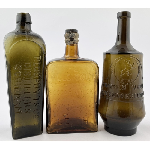 592 - GLASS TRIO. Tallest 9.75ins. Inc. Leith Whisky, Greenock & London Whisky plus Schiedam gin bottle. M... 