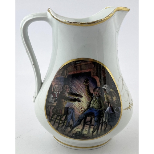 601 - PRATT WARE HANDLED JUG. 7.5ins tall. Double sided Tom Oshanter scenes. Faded gold band & writing und... 