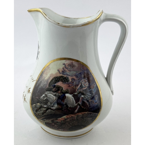 601 - PRATT WARE HANDLED JUG. 7.5ins tall. Double sided Tom Oshanter scenes. Faded gold band & writing und... 