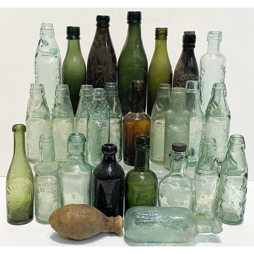 473 - MIXED GLASS GROUP. Tallest 10ins. Mainly codd & beers. Green, aqua, amber etc. Some with pictorial t... 