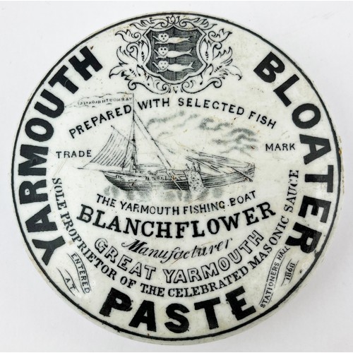 679 - GREAT YARMOUTH BLOATER PASTE POT LID. 3.75ins diam. Blanchflower with boat pict to centre & coat of ... 