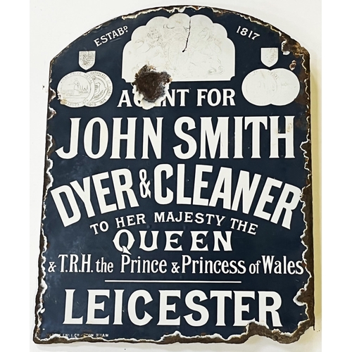 43 - LEICESTER DYER & CLEANER DOUBLE SIDED ENAMEL SIGN. 16 x 21ins. Medals to either side at top, several... 