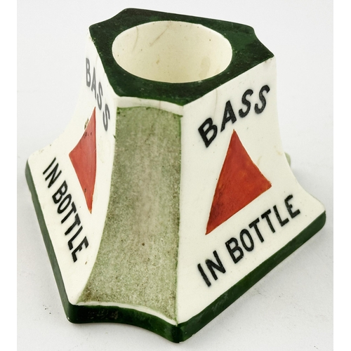 58 - BASS MATCHSTRIKER ASHTRAY & MATCH HOLDER. 4ins diam. Triangular variant design to previous lot, inwa... 