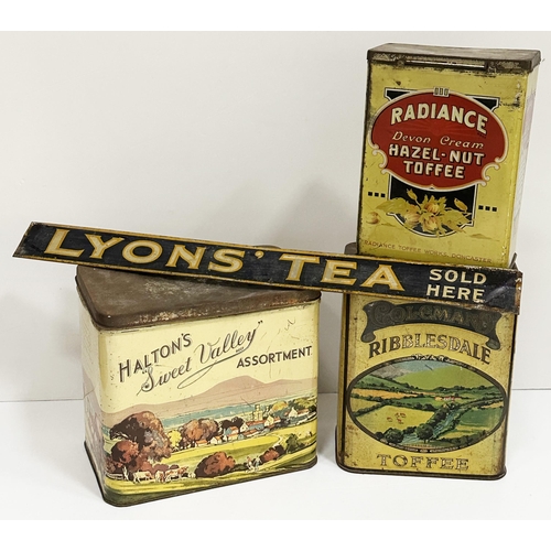 78 - TINS ASSORTMENT GROUP. Largest 8ins. Inc. Toffee tins & Lyons tea shelf edge. Worn. (4)