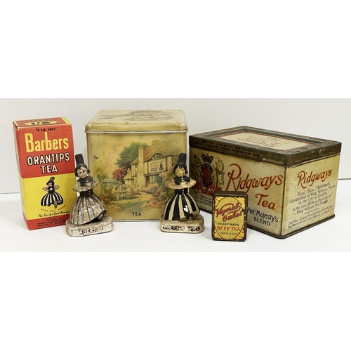 79 - TEA GROUP. Largest 6ins. Tea tins, advertsing figures plus boxed orantips tea. Damages. (6)