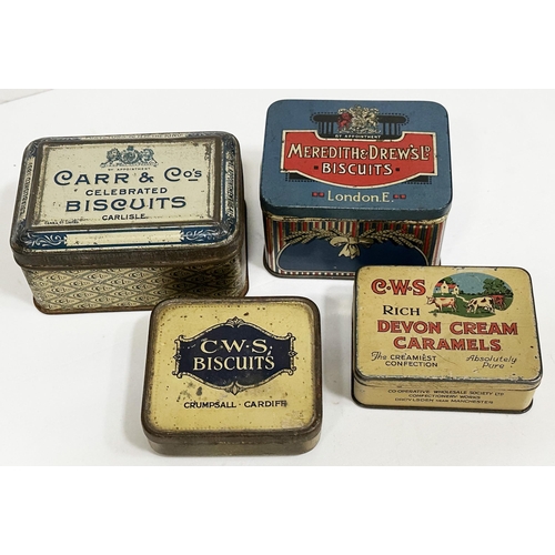 80 - BISCUITS TINS GROUP. Largest 4.5ins. Inc. Meredith & Drews, Carr & Co & CWS. Worn. (4)