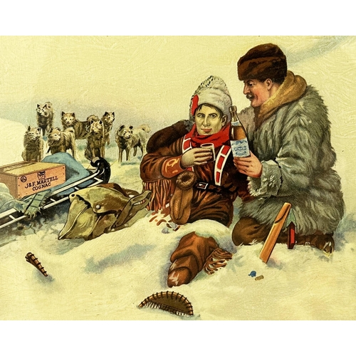 131 - ARCTIC SCENE MARTELL BRANDY FRAMED SHOWCARD 18 x 14ins. Fur clad Arctic scene of two gents, onegivin... 