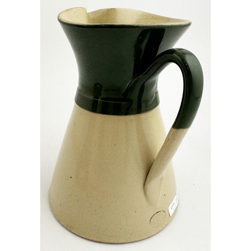 144 - ROYAL HUNTSMAN SCOTCH WHISKY WATER JUG. 7ins tall, dark green top & half the handle. Waisted form, p... 