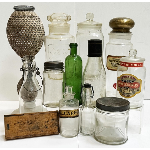 162 - SHOP DISPLAY GLASS GROUP. Tallest 19.5ins. Inc. Chemist round, sweet jar (some labelled), pump bottl... 