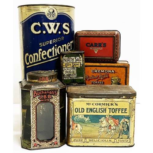 166 - FOOD TINS GROUP. Tallest 9ins. Inc. CWS, toffees, mints, biscuits & health salt. Worn/ surface wear.... 