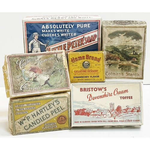 169 - BOXED SHOP EPHEMERA GROUP. Largest 7.5ins. Inc. Toffee, soap, chocolate, dessert, Colmans starch. So... 