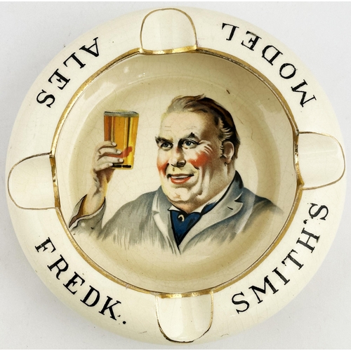 170 - FREDK SMITHS MODEL ALES ASHTRAY. 5.6ins diam. Multi coloured image of cheery gent holding aloft a pi... 