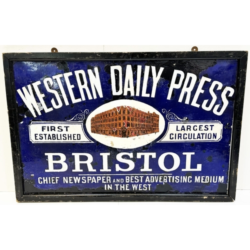 195 - BRISTOL WESTERN DAILY PRESS FRAMED ENAMEL SIGN. 37 x 25ins. Large heavy sign with huge premises depi... 