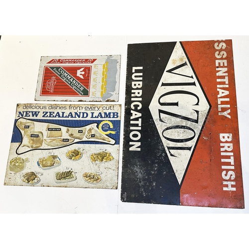 197 - TRIO OF ENAMEL SIGNS. Largest 37.5 x 24. Inc. Vigzol Lubrication tin sign, New Zealand Lamb tin sign... 