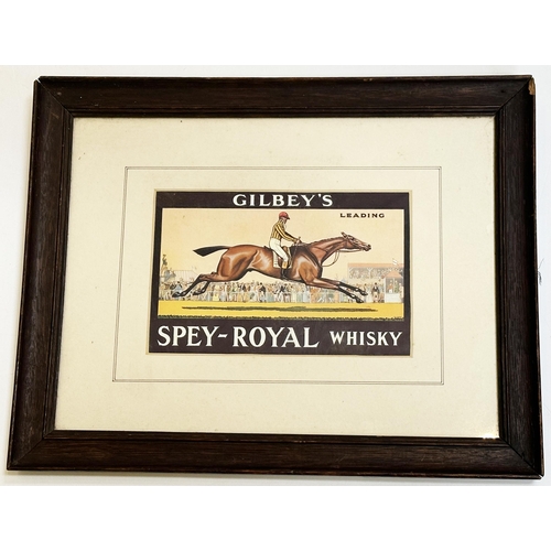 189 - GILBEYS WHISKY FRAMED ADVERT. 18.5 x 14.5ins. Horse racing pic. SPEY- MROYAL WHISKY. Great image. Fr... 