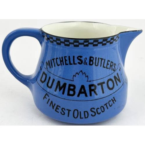 103 - MITCHELLS & BUTLERS DUMBARTON WHISKY WATER JUG. 3.75ins tall. Double sided transfer, side handle. MI... 