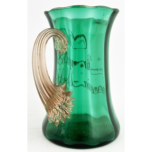 111 - OLD KING COLES SPECIAL SCOTCH ENAMELLED WATER JUG. 5.5ins tall. Bright emerald green facetted glass,... 