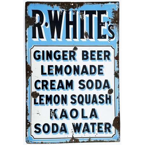 124 - R WHITES DRINKS ENAMEL SIGN. 30 x 20ins. Obvious damage & wear from image, still a good looker!