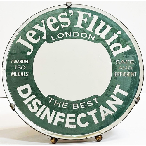 125 - JEYES FLUID DISINFECTANT MIRROR. 10ins diam. Green background with feet & stand. Slightly corroded &... 