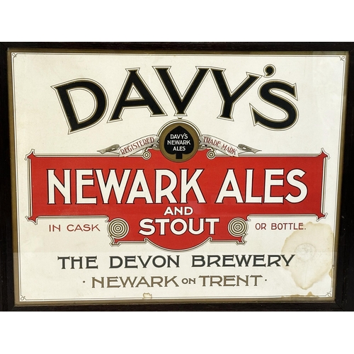 210 - NEWARK ON TRENT FRAMED ADVERT. 29 x 24ins. DAVYS/ NEWARK ALES/ AND/ STOUT. Some stains.