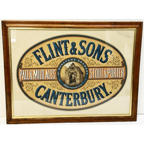 212 - CANTERBURY FRAMED BREWERY ADVERT. 32 x 25ins. FLINT & SONS/ ST DUNSTANS BREWERY. Frame worn.