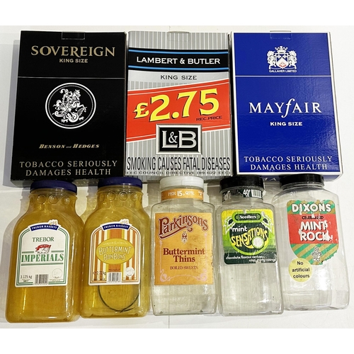 220 - CIGARETTE DISPLAY BOXES & SWEET JARS. Largest 15ins tall. Mayfair, Lambert & Butler, Benson & Hedges... 