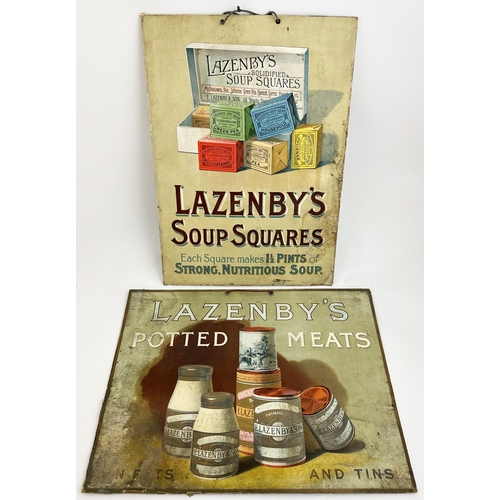 222 - LAZENBYS SOUPS CARD ADVERT DUO. 10.5 x 14.5ins. One Potted Meats other Soup Squares. Great pics. Edg... 