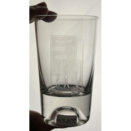 224 - HOLTS MOUNTAIN CREAM WHISKY GLASS. 3.75ins. Clear glass, acid etched to two sides. HOLTS/ MOUNTAIN/ ... 