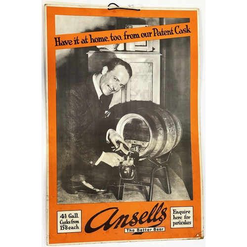 241 - ANSELLS CARD ADVERT. 29 x 19.5ins. Pict of man to centre pouring himself a drink from barrel. Damage... 