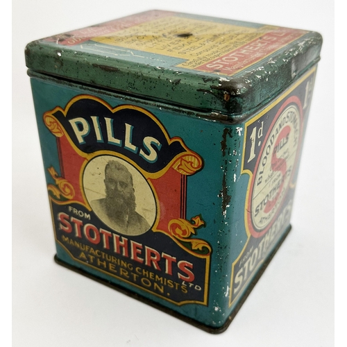 227 - STOTHERTS PILLS STRING TIN. 5ins tall. Multi coloured to all sides & lid. CHEST & LUNG MIXTURE/ BLOO... 