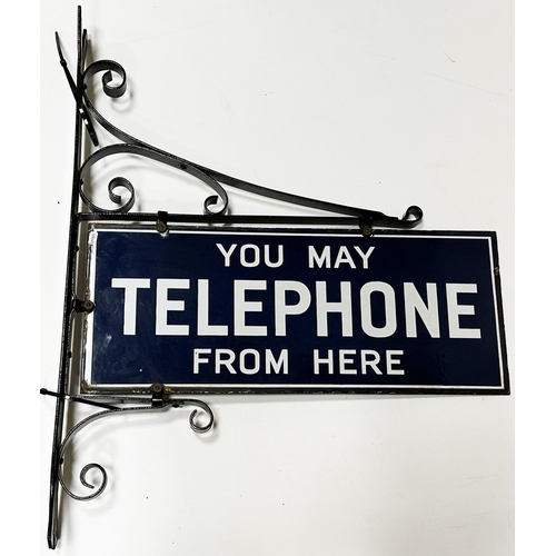 266 - TELEPHONE DOUBLE SIDED HANGING ENAMEL SIGN. 23 x 28ins. Minor edge wear & rusting. Great sheen, a re... 