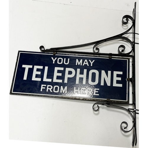 266 - TELEPHONE DOUBLE SIDED HANGING ENAMEL SIGN. 23 x 28ins. Minor edge wear & rusting. Great sheen, a re... 