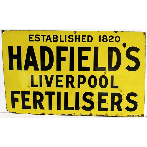 272 - HADFIELDS LIVERPOOL FERTILISERS ENAMEL SIGN. 30 x 18ins. Protector Ecclesmaker bottom right corner. ... 