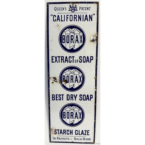 275 - BORAX ENAMEL SIGN. 19.5 x 6.7ins. Small size enamel featuring three circular logos for Borax, To top... 