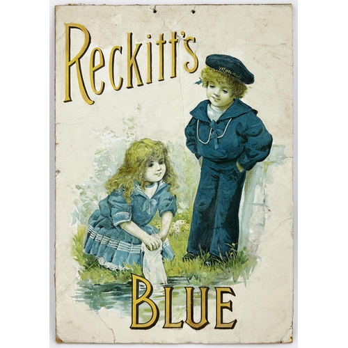 303 - RECKITTS BLUE SHOWCARD. 9.25 x 13ins. Waters edge multi coloured scene of little girl washing cloths... 