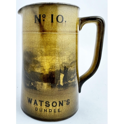 317 - WATSONS No 10 SCOTCH WHISKY DUNDEE WATER JUG. 6.7ins tall. Yellow-mustard coloured shiny body, Loch ... 