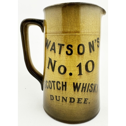 317 - WATSONS No 10 SCOTCH WHISKY DUNDEE WATER JUG. 6.7ins tall. Yellow-mustard coloured shiny body, Loch ... 