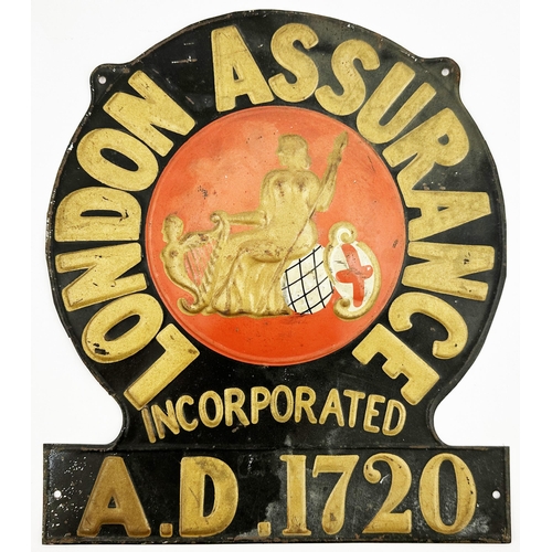 319 - LONDON ASSURANCE PRESSED TIN SIGN. 11.7ins tall, four fixing holes. Raised lettering wqith large dom... 