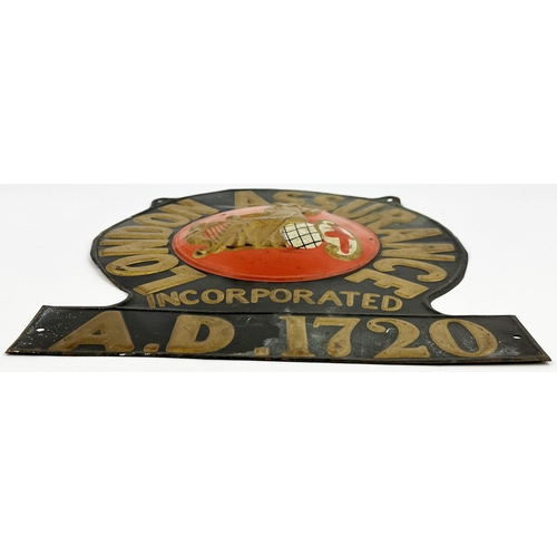 319 - LONDON ASSURANCE PRESSED TIN SIGN. 11.7ins tall, four fixing holes. Raised lettering wqith large dom... 